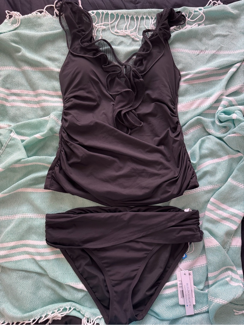 Bleu Rod Beattie Black Ruffled V-Neck NWOT Tankini with NWT bottoms